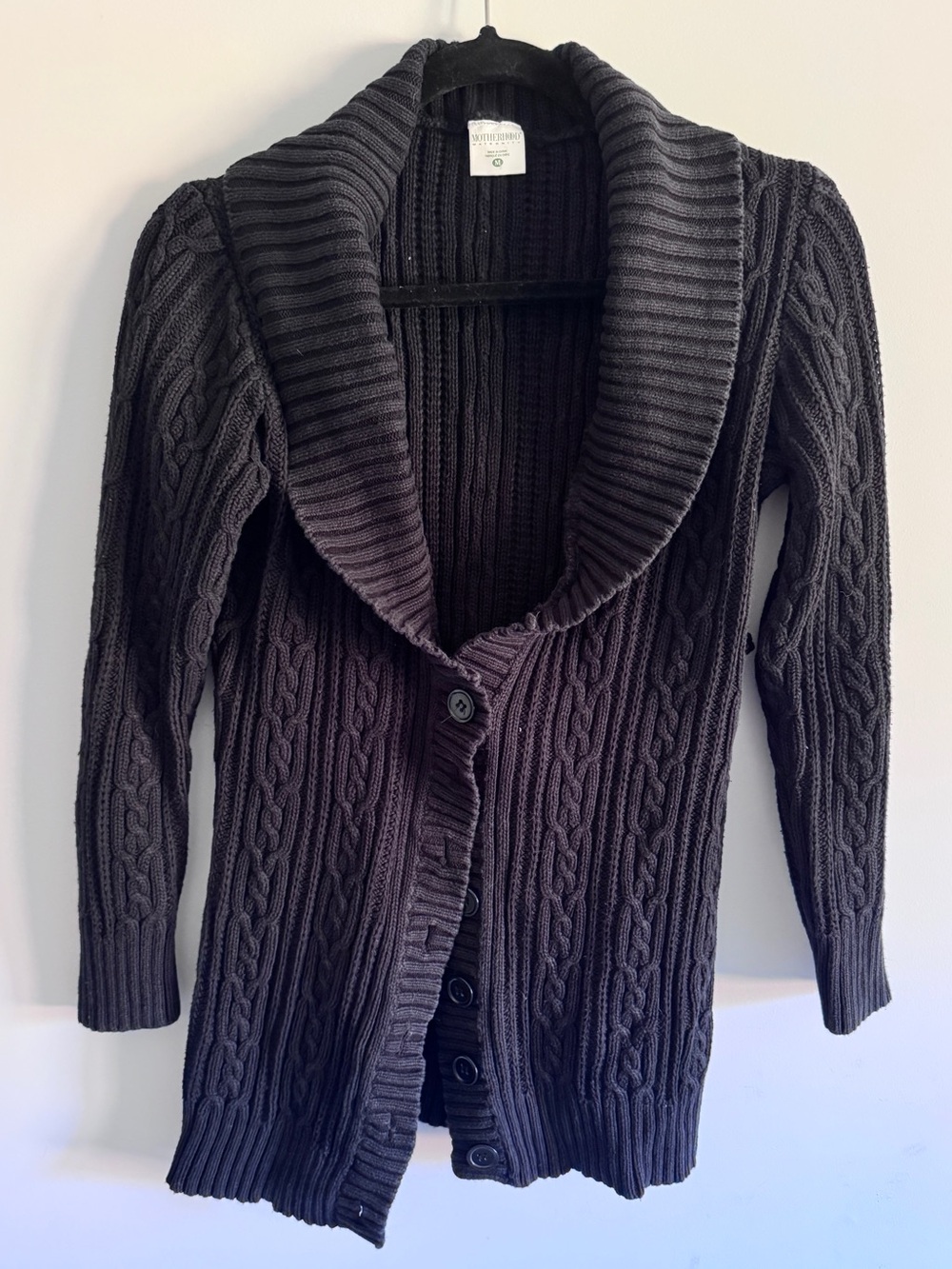 Maternity Black Cable-Knit Shawl Collar Cardigan